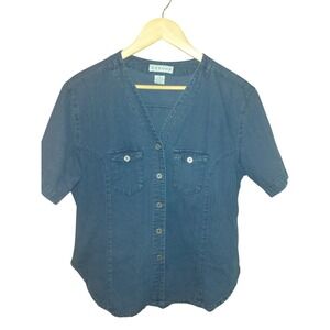 Merona Womens Blue Cotton Short Sleeve Button Down V-Neck Shirt Size M